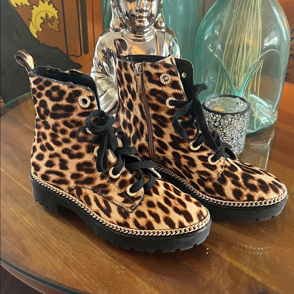 Gianni Bini Leopard Print Combat Boots - Black Laces